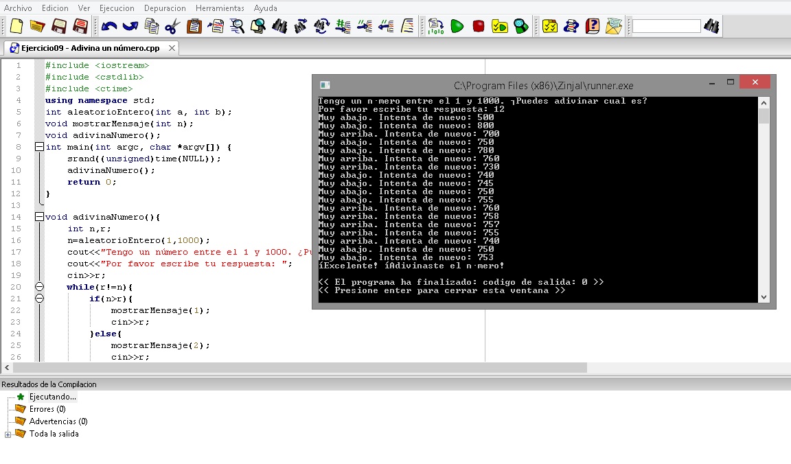 Ejemplo sobre cómo generar un número aleatorio y ayudar al usuario a adivinar cuál es, usando el lenguaje de programación c++ y el programa Zinjal.