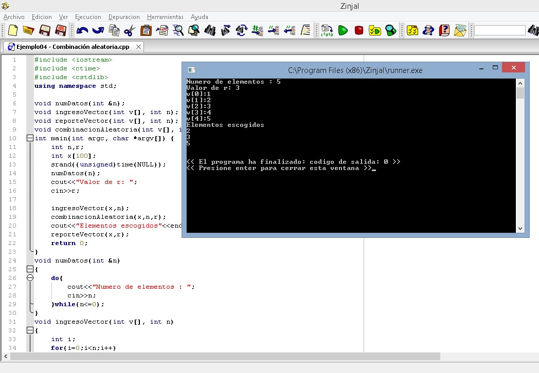 Ejemplo sobre cómo realizar una combinación aleatoria de vectores usando el lenguaje de programación c++ y el programa Zinjal.