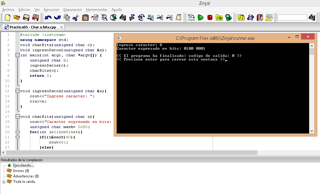 Ejemplo sobre cómo convertir un caracter a bits usando el lenguaje de programación c++ y el programa Zinjal.
