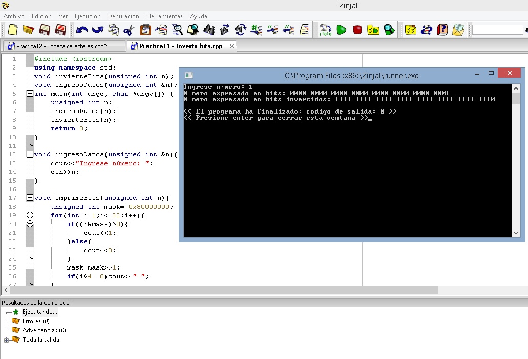 Ejemplo sobre cómo invertir los bits de un número entero usando el lenguaje de programación c++ y el programa Zinjal.