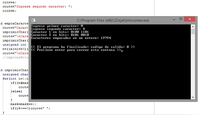 Ejemplo sobre cómo ocultar 2 caracteres en un número entero usando el lenguaje de programación c++ y el programa Zinjal.