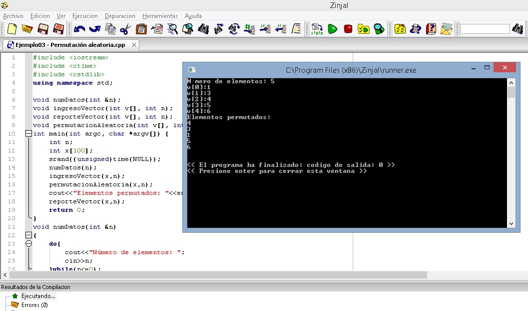 Ejemplo sobre cómo realizar una permutación aleatoria de vectores usando el lenguaje de programación c++ y el programa Zinjal.